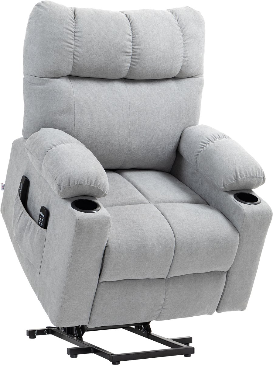 Homona Elektrische relaxfauteuil met opstahulp - Met massagefunctie, verwarming, bekerhouders en afstandsbediening - 91 x 95 x 109 cm - Lichtgrijs
