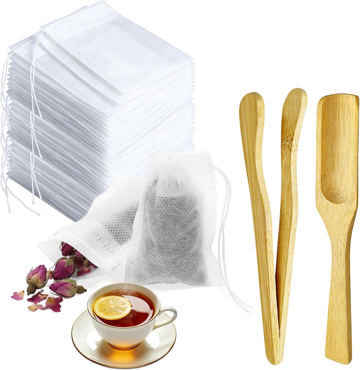 500 stuks theezakjes voor losse thee met theelepel en pincet, 7 x 9 cm, theefilterpapier met trekkoord, wegwerpzakjes - ShopVlot