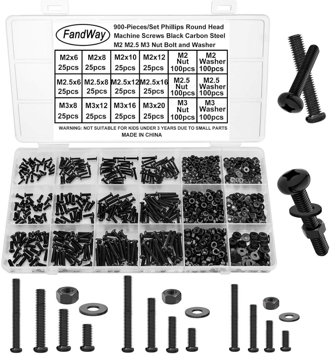 900 Pieces Screw Set,M2 M2.5 M3 Lens Head Screws Phillips Screws,Round Head Machine Screws Black,Phillips Threaded - ShopVlot