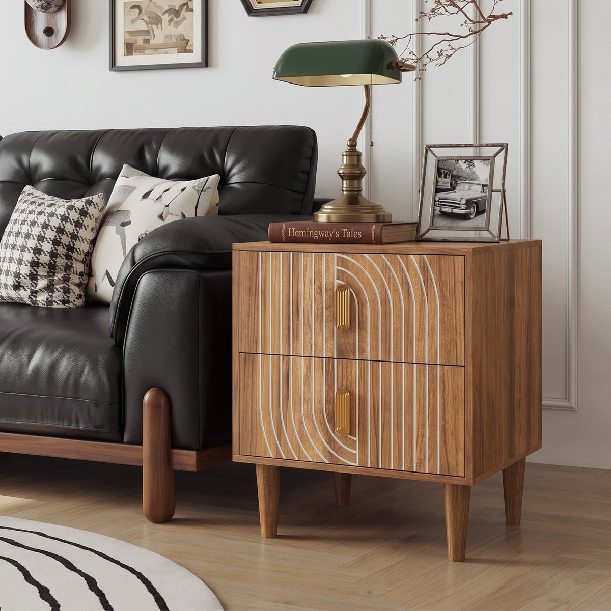 Ropilly Nachtkastje - Bohemian Nachtkastje met 2 Lades - Walnootkleurige Bijzettafel - MDF - Slaapkamer en Woonkamer - 48x38x56 cm Notenbruin