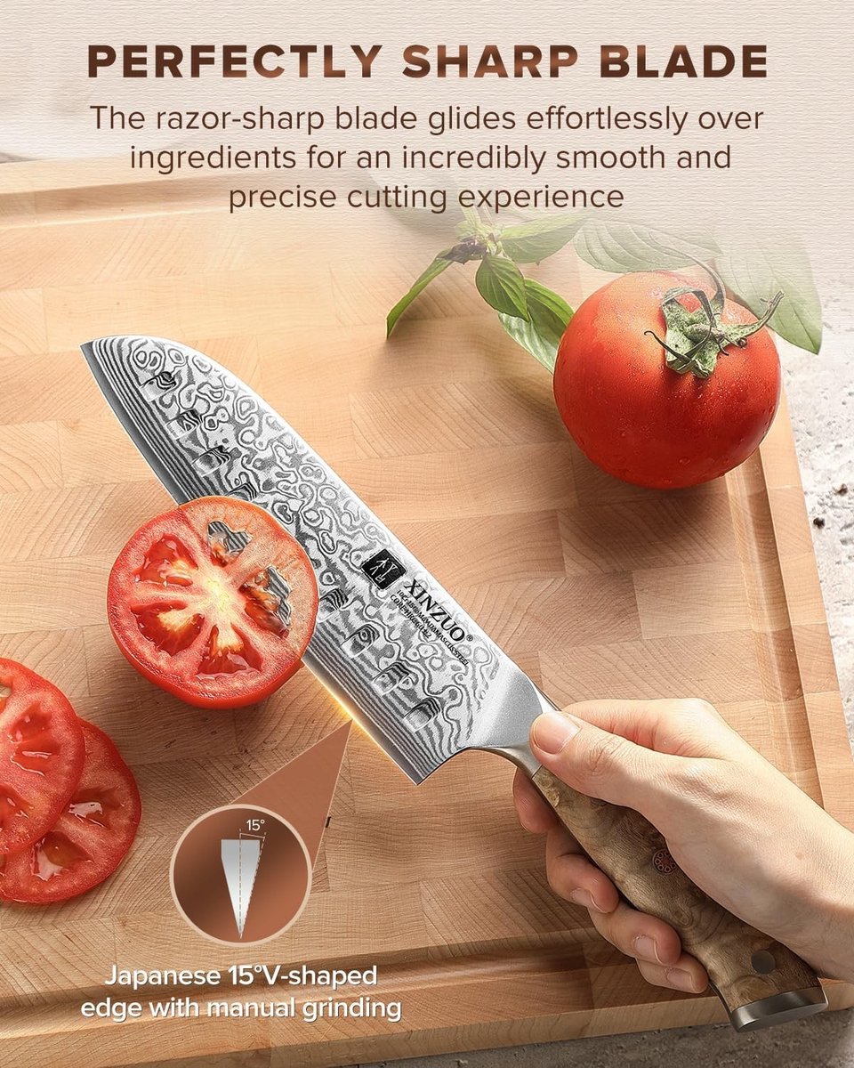18 cm Santoku mes van Damascus staal met 67 lagen - Koksmes voor vlees, vis, fruit en groenten - Snelle en scherpe sneden met sycamore houten handvat