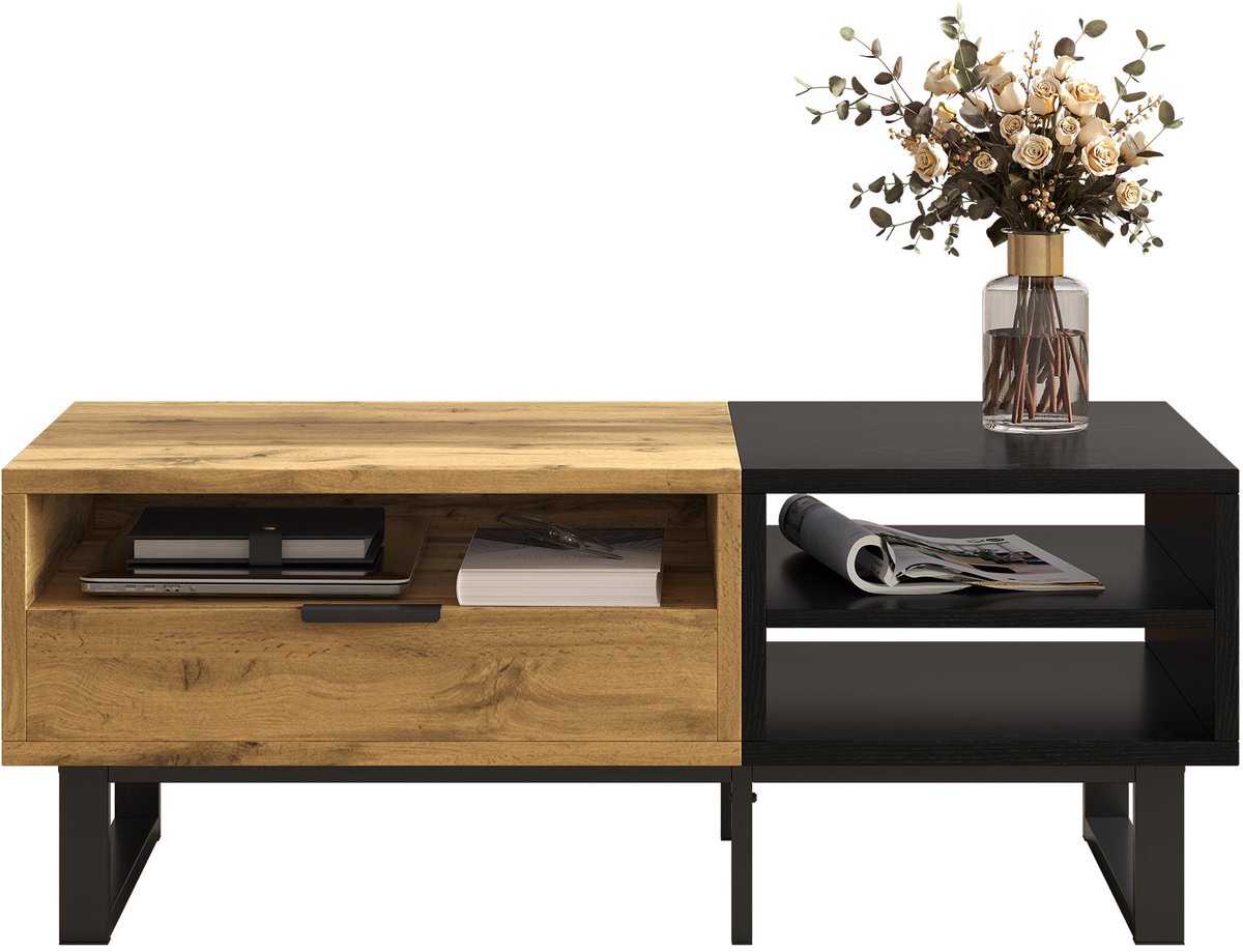 Merax Salontafel Hout Bruin met Zwart – 100x50x40 cm – Tafel met Lade en Vakken