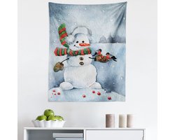 ABAKUHAUS Sneeuwman Wandkleed, Aquarel Stijl Snowfall Buiten Vrolijk Kerstmis Thema Winter Bullfinch Vogels, Stoffen Wandkleed Decoratie voor Slaapkamer Woonkamer Studentenkamer, 60 x 70 cm, Meerkleurig