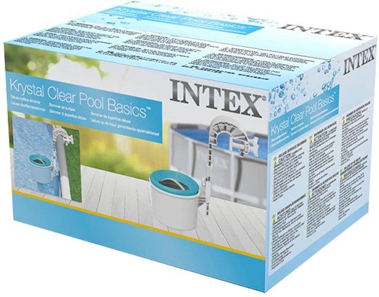 Verpakking van de Intex Deluxe oppervlakte skimmer, met afbeeldingen van de skimmer, de montage en een zwembad.