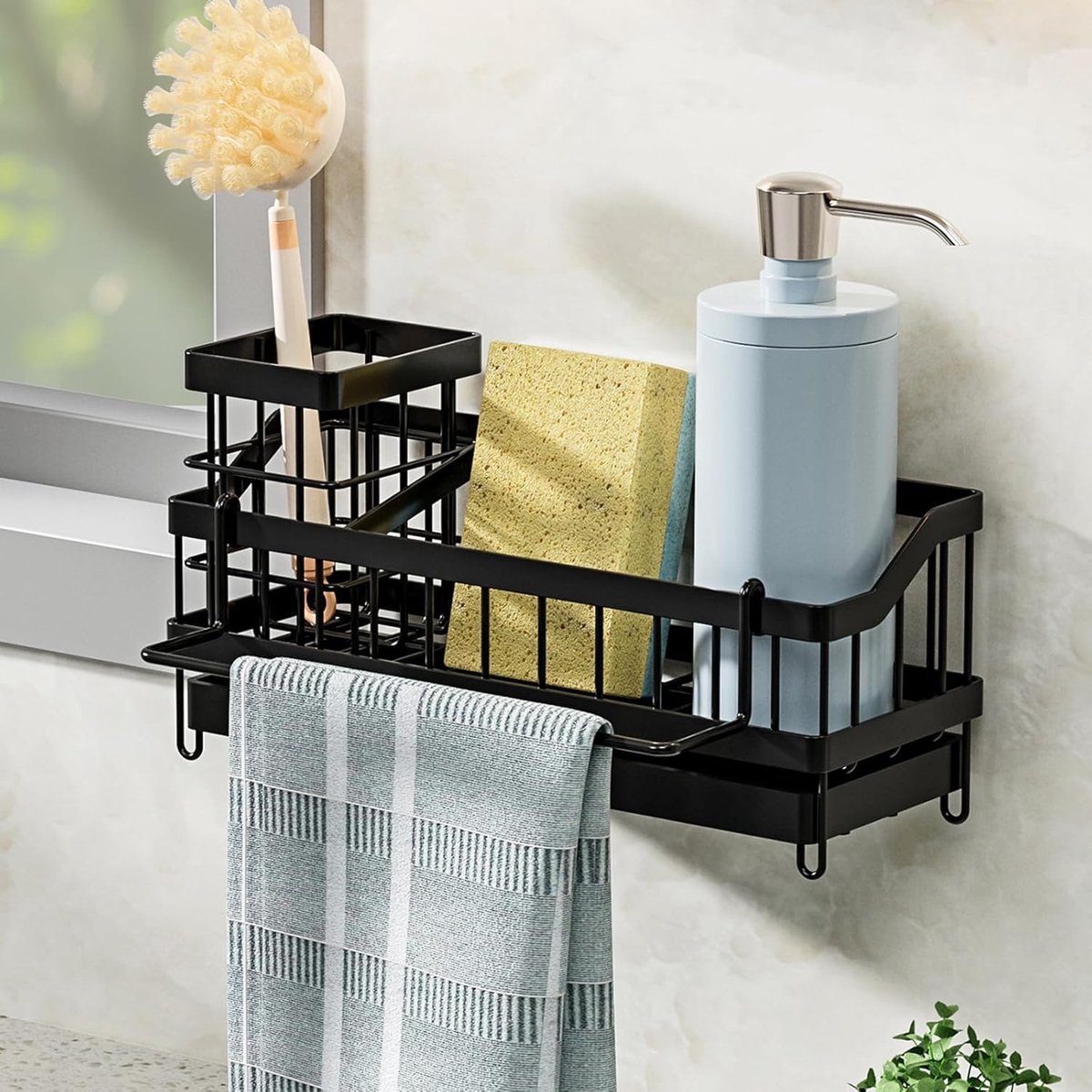 SnelShoppen - Sponge Holder voor Keuken, Keuken Sink Organizer Zwart, Rvs Afwasbak Houder met Drain Bak, Ruimtebesparend en Functioneel