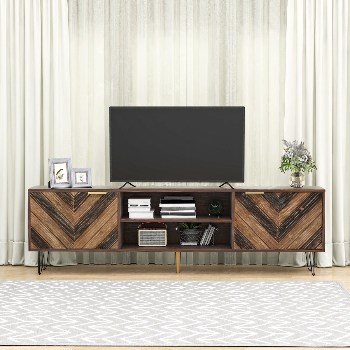 WUVRIE TV-meubel 155x38x48 cm - 2 deuren, gouden handgrepen en ijzeren poten - Naturel Natural