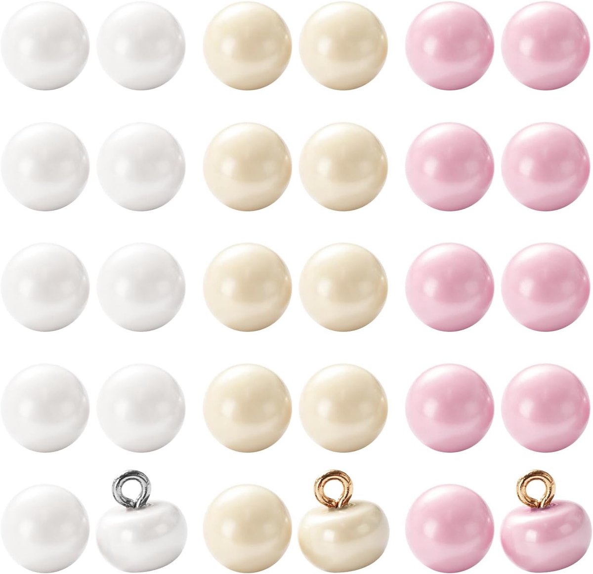 Knopen, 30 stuks, halfronde parelknop, halve bolvormige koepel met metalen cirkelvormige haakknoppen, 10 mm ronde parelknop met schacht, voor trouwjurken, shirts, sieraden, doe-het-zelf