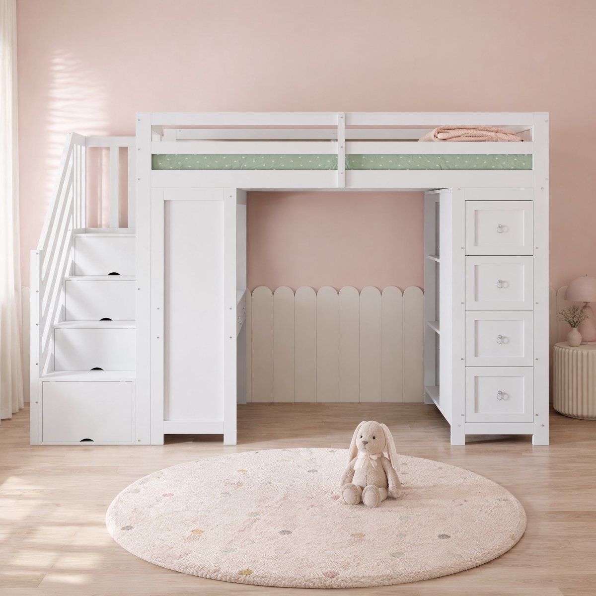 REDOM Hoogslaper - Ingebouwd bureau met twee lades - Opbergtrap en zijkast met vier lades - Houten lattenbodem - Hout en MDF en spaanplaat - Wit - 254 x 95 x 175 cm