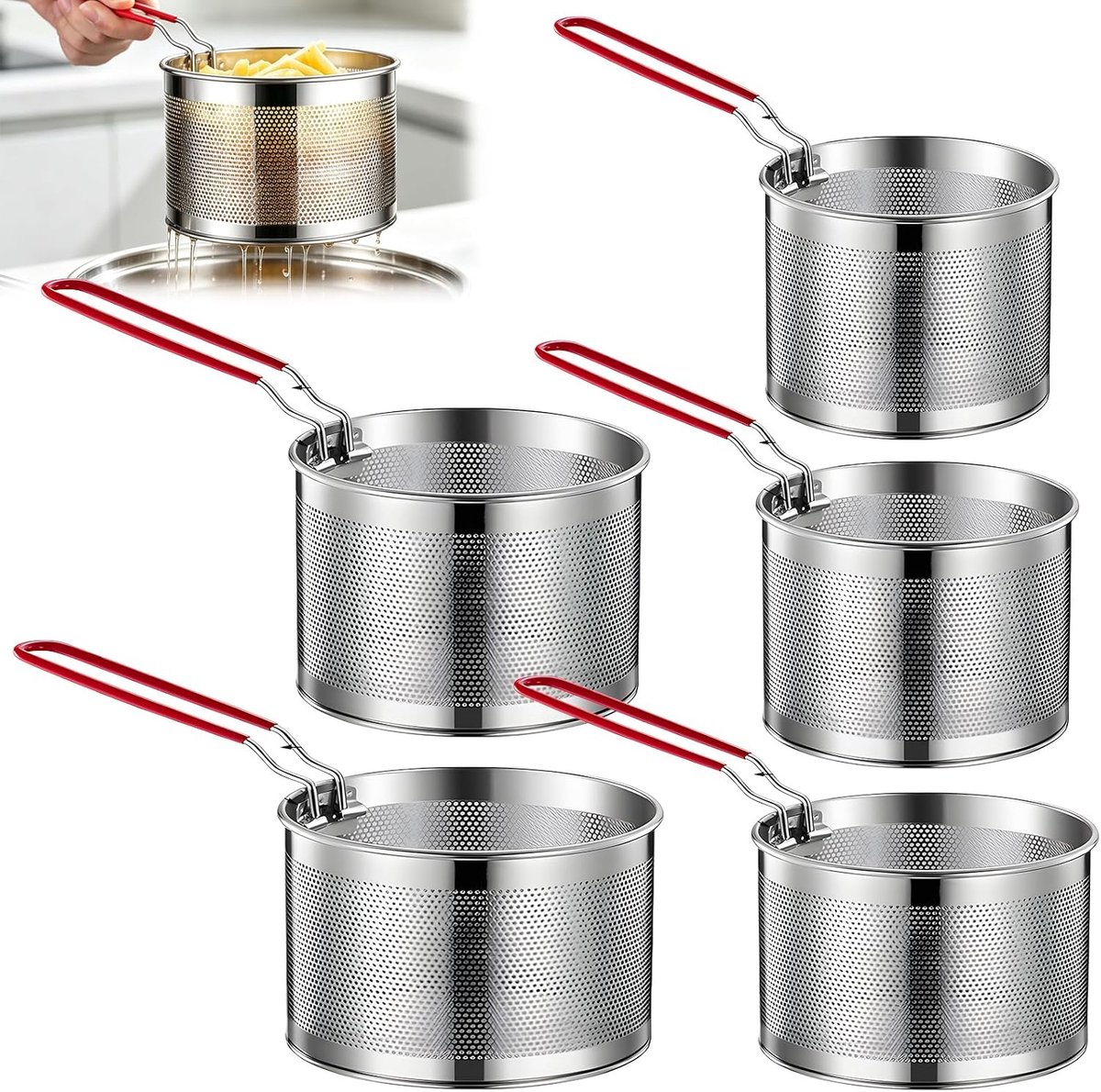 Set van 5 roestvrijstalen frituurmanden, diameter 12/14/16/18/20 cm, frituurmand voor pan