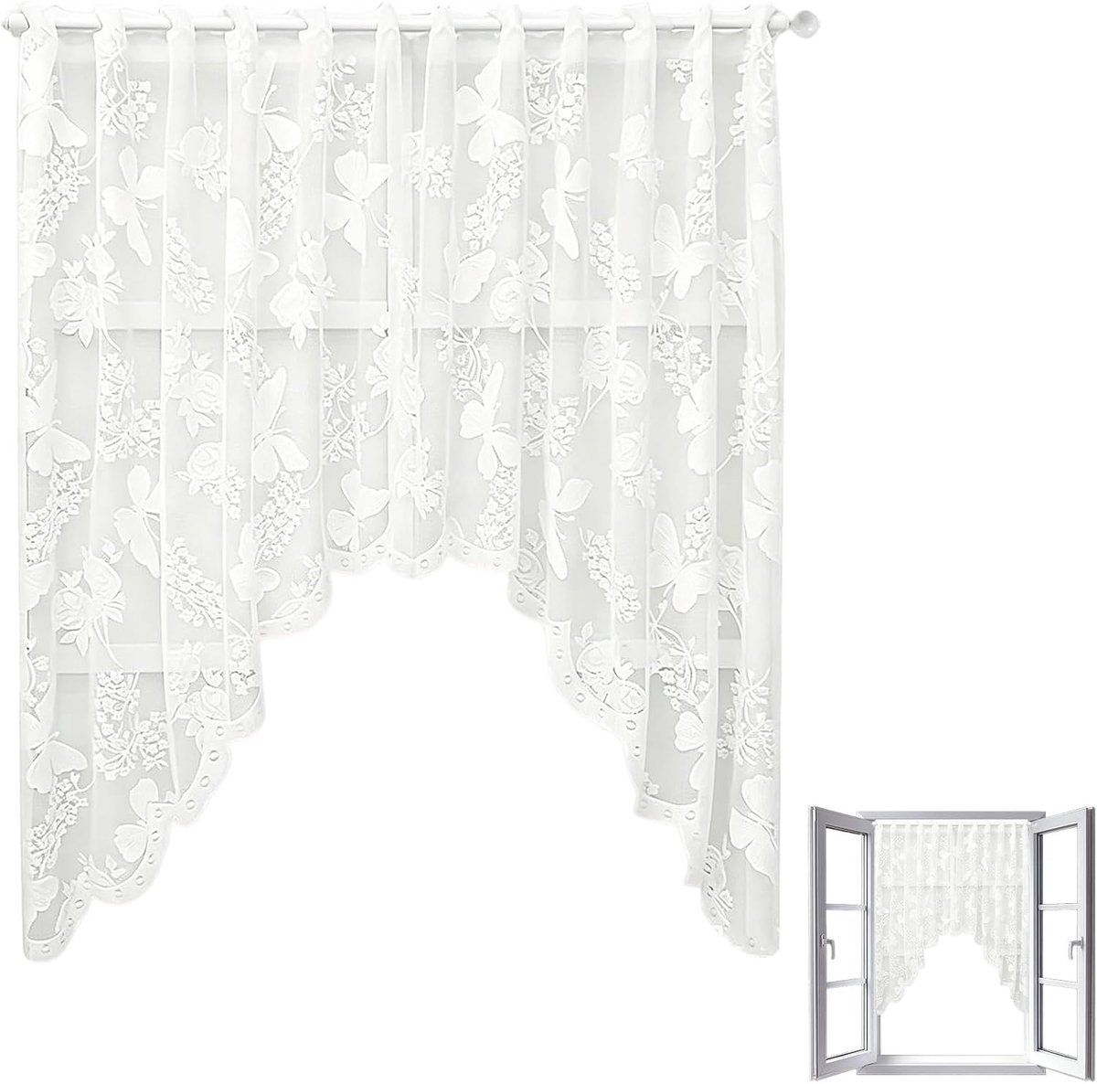 Vlinder kant gordijn 50x100 cm kort raamgordijn decoratief transparant keuken badkamer raamdecoratie modern stijl 1 stuk