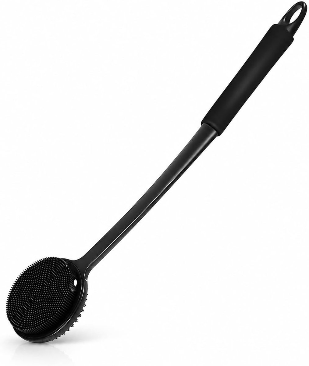 Lange handgreep, 43 cm, rugdoucheborstel, zwart, rugreiniger voor douche, massage, siliconen scrubber, zachte peeling, gemakkelijk te reinigen