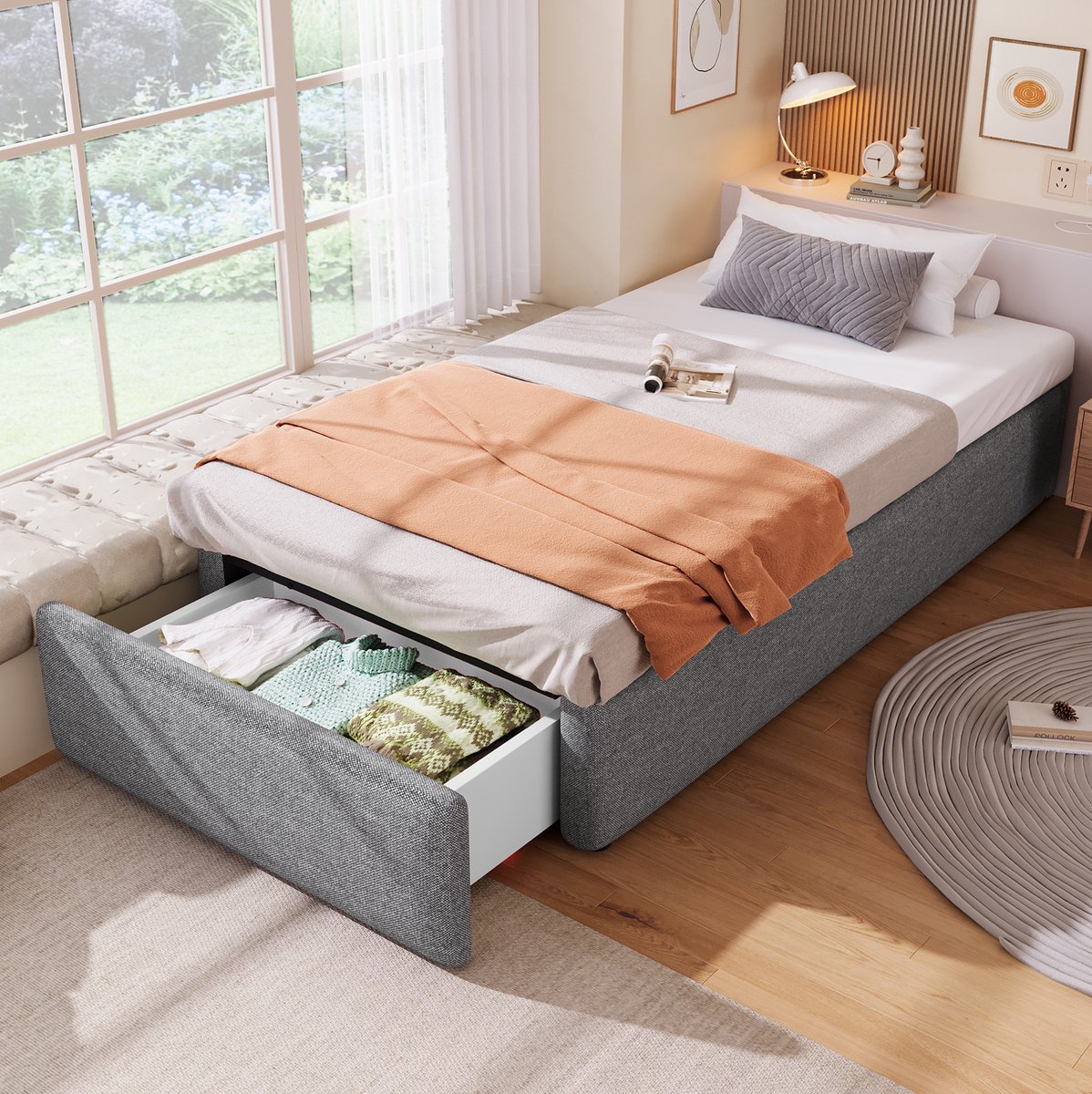 REDOM Bed - Gestoffeerd - Zonder hoofdbord - Hydraulische opbergruimte - Bedlade - Lattenbodem - Eenpersoons - 90 x 200 cm - 203 x 92 x 31 cm - Stof - Grijs