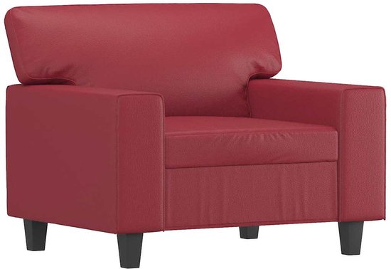 Rode fauteuil van kunstleer met zwarte pootjes.