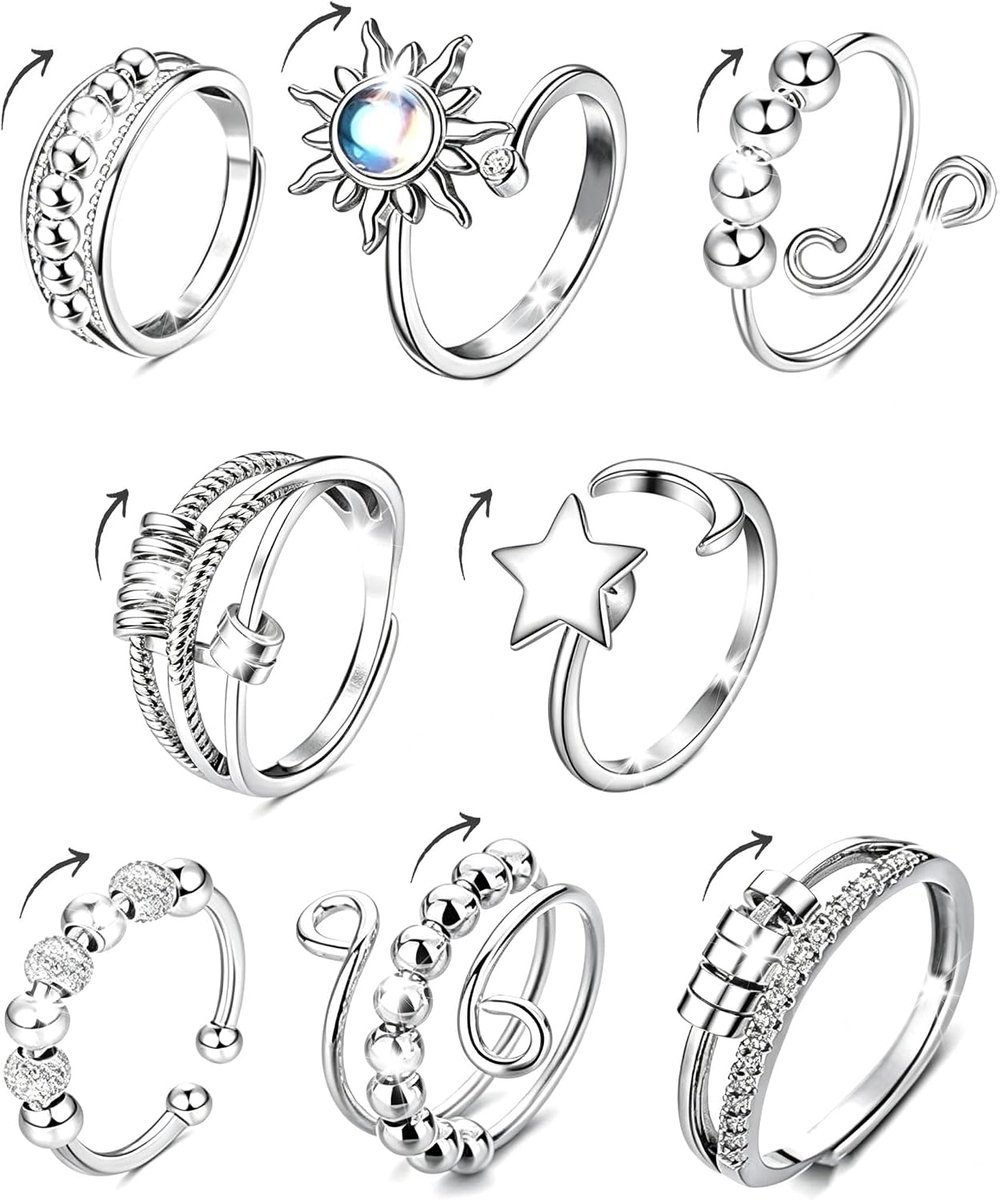 Ringen voor dames, zilveren ring, anti-stress-ring, roterende angstring, spinnerring, vrouwen, band, angst, verstelbaar, geschenken voor vrouwen en mannen, met opbergtas