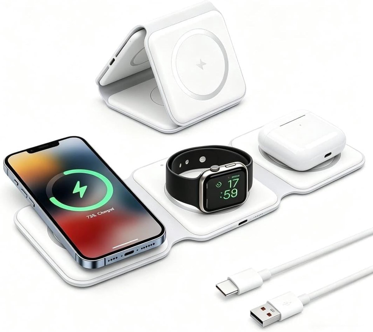 Draadloze 3-in-1 Oplader voor Smartphone, Smartwatch en Oordopjes met 15W Snelladen en 1m Kabel