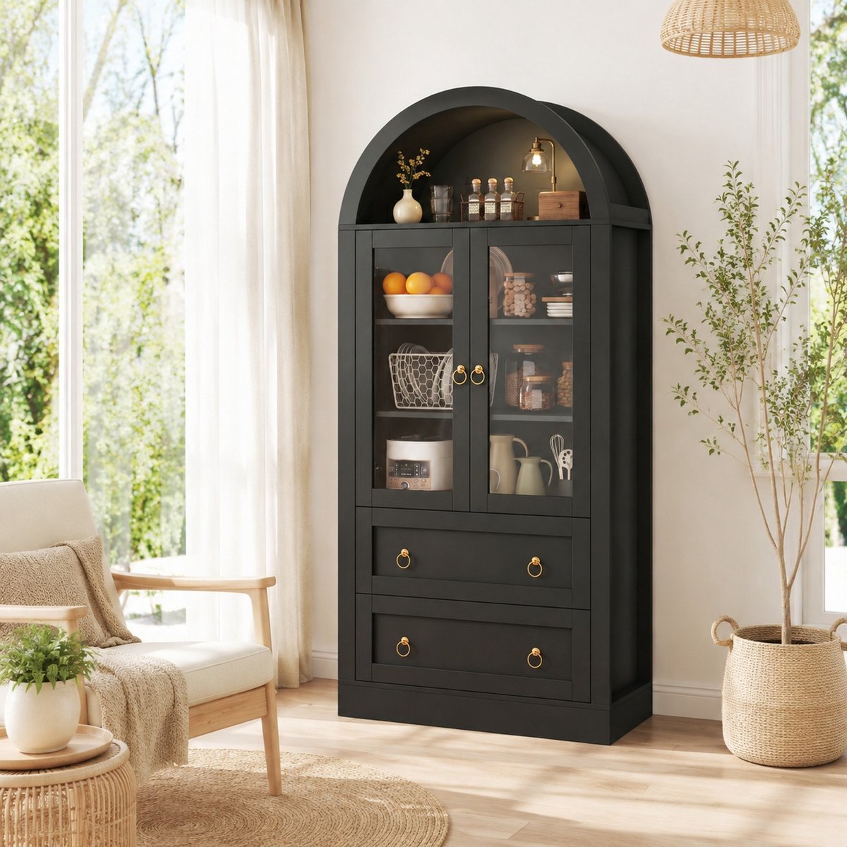 MODFU Keukenkast - Hoge Opbergkast - Bogenvorm - Glazen Deuren - Laden - Zwart - 80x36x170 cm