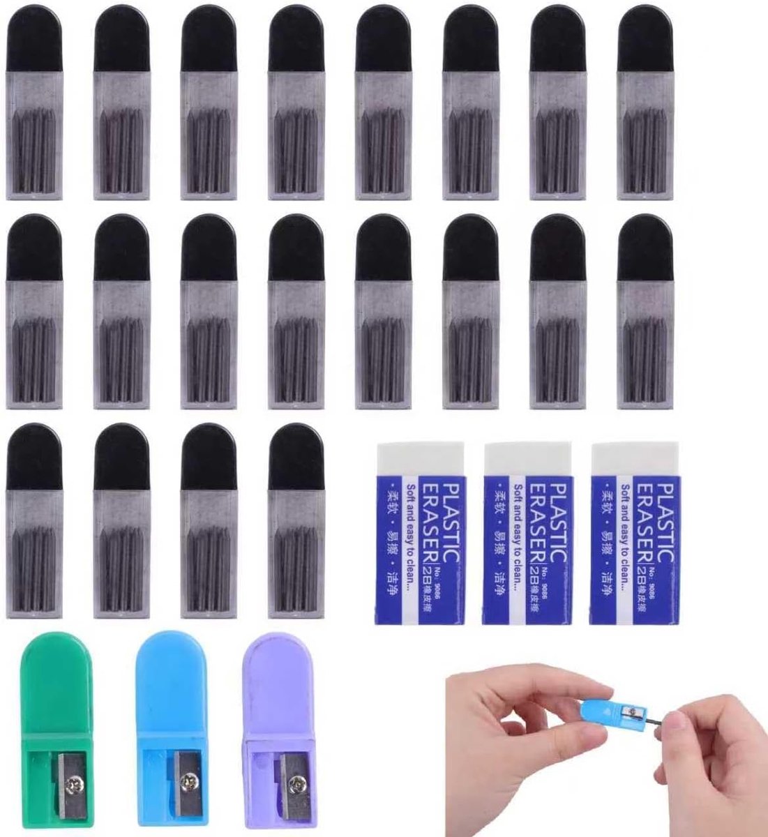 Compass refills 2B - 200 stuks - met gum en slijper - voor nauwkeurige tekeningen - ShopVlot