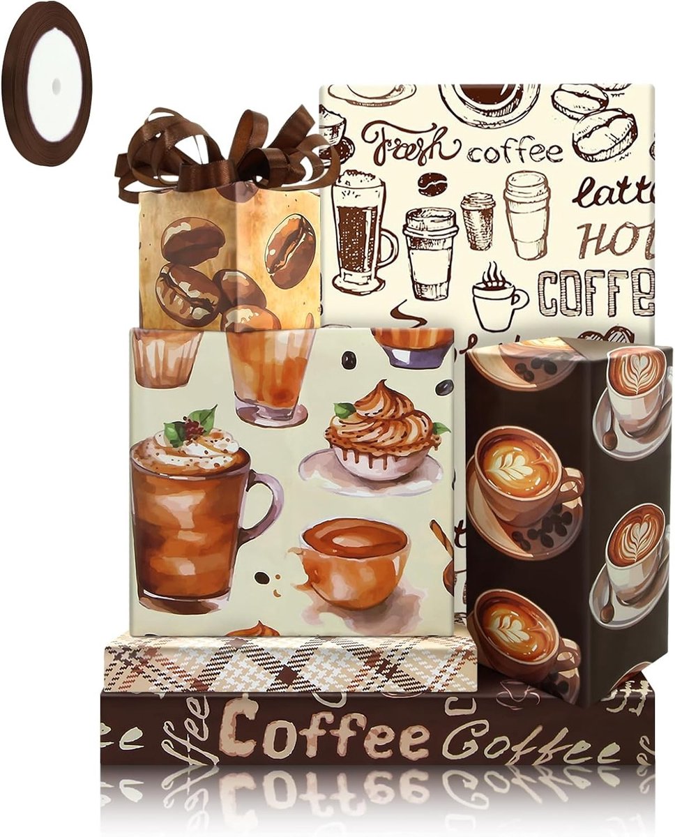 Vintage koffie inpakpapier set met 6 vellen, grappige patronen voor geschenken, ideaal voor verjaardagen, bruiloften en feestelijke gelegenheden