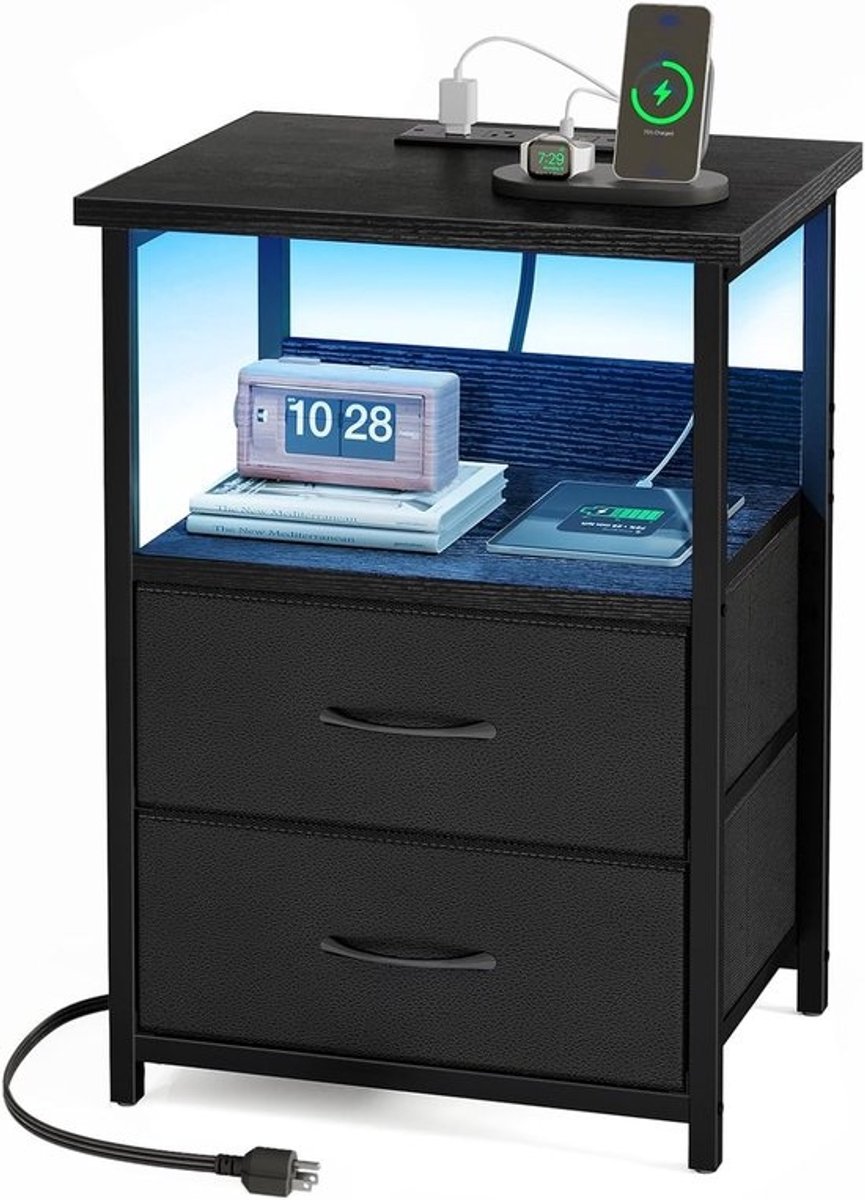 Nachtstandaard - Met oplaadstation en USB-poorten - Led-nachtkastje - Met 2 opbergladen