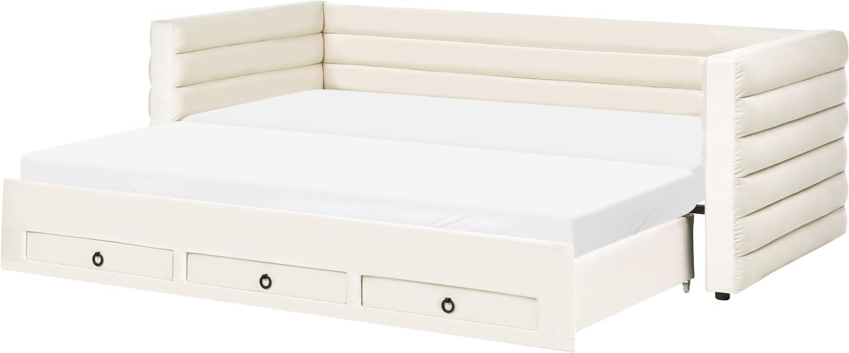 Beliani MEUDON - Onderschuifbed met lades - Off-white - 90 x 200 cm - Fluweel Wit