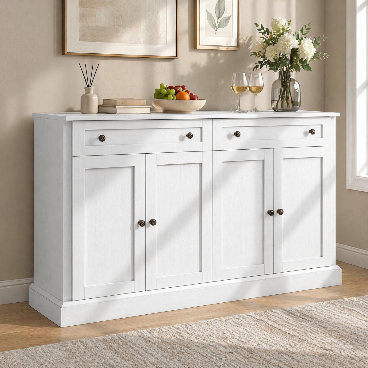 WUVRIE Buffetkast 150x40x86 cm - 4 deuren, 2 lades en verstelbare planken - Antiekwit Antiek wit
