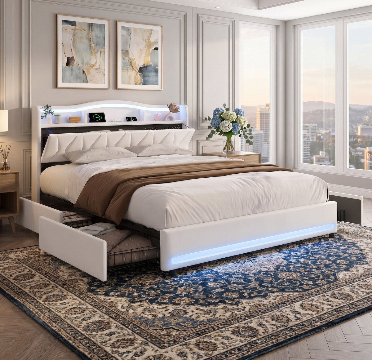 Opbergbed 160x200 cm met opbergruimte, Tweepersoonsbed met ledverlichting, USB-poort en 4 lades, Gestoffeerd bedframe 160x200, fluweel Beige