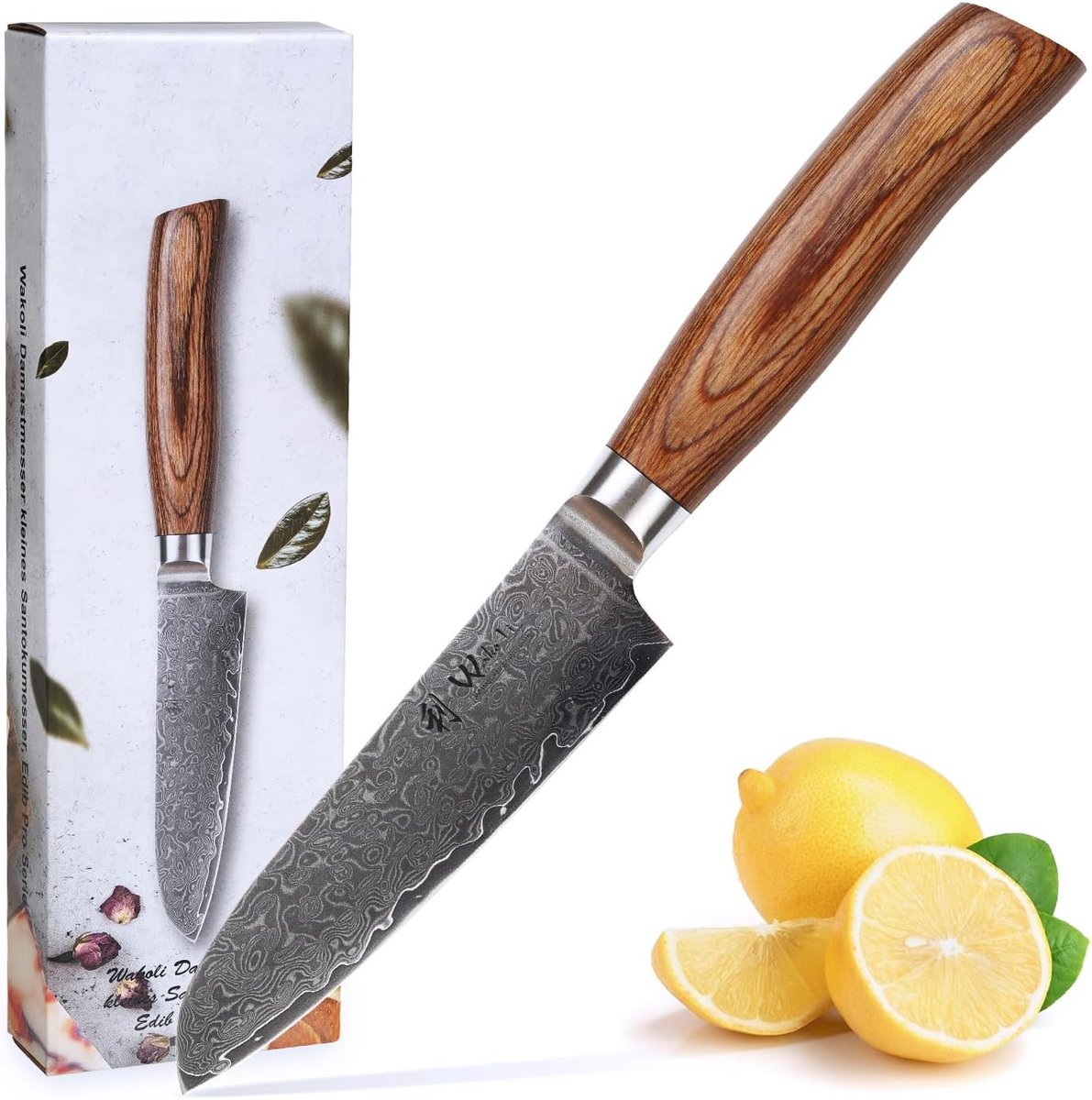 Wakoli Edib Pro Premium Santoku Knife Small with 11 cm Blade Made of 67 Layers Real Damask Steel with Pakka Wood - ShopVlot