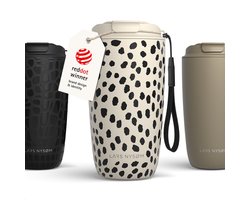 LARS NYSØM Nøgen Thermo Coffee Mug-to-go 500ml - BPA-vrij met Isolatie - Met Draagriem & Tritan Deksel (Cream Beige/Abstract/Gloss Black)