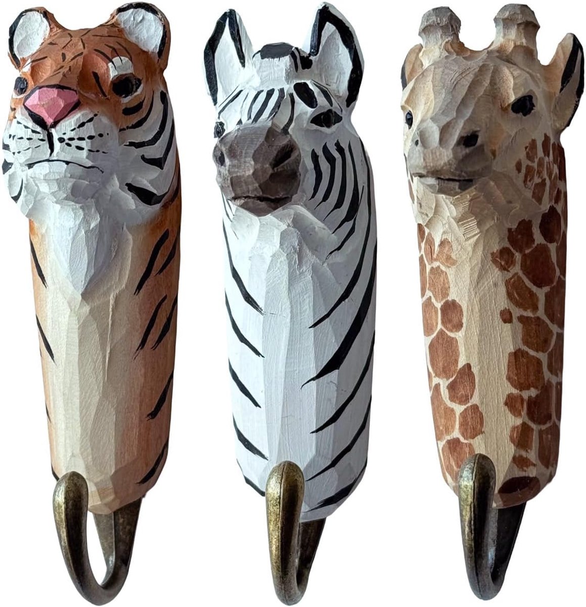 SnelShoppen - Houten Wandhaken Set - Tiger, Giraffe, Zebra - Handgemaakt, Geverfd, 13 cm - Metalen Haken - Voor Kinderkamer, Speelkamer, Decoratie - P