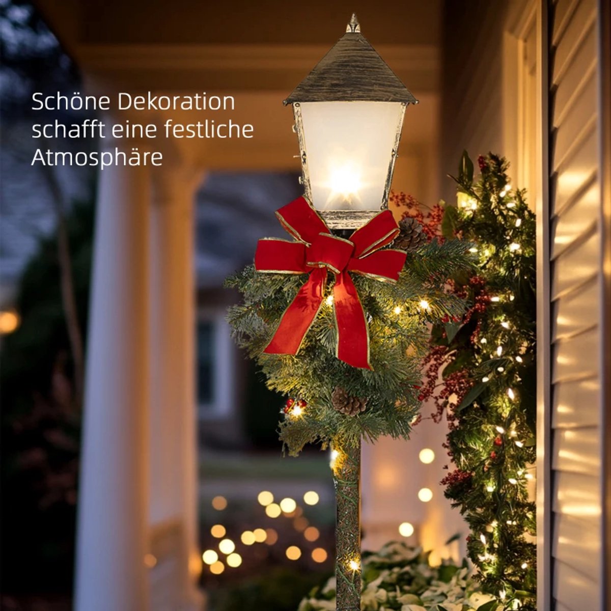 Kerstversiering - Kerstlantaarn Met Bessen, Kegels En Strik - LED-verlichting - Metalen Paal - 150 cm – foto 3