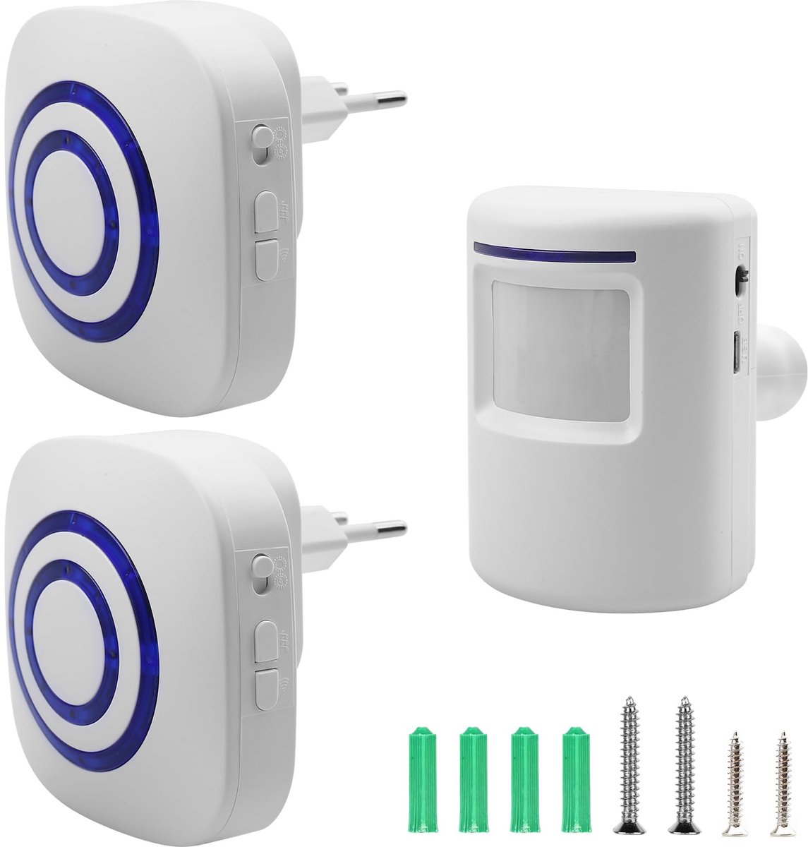 SnelShoppen - Draadloos Doorgangsalarm met 2 Plug-in Ontvangers, PIR Bewegingssensor, Deurbel Alarmsysteem voor Thuis, Winkels, Tuin en Feesten