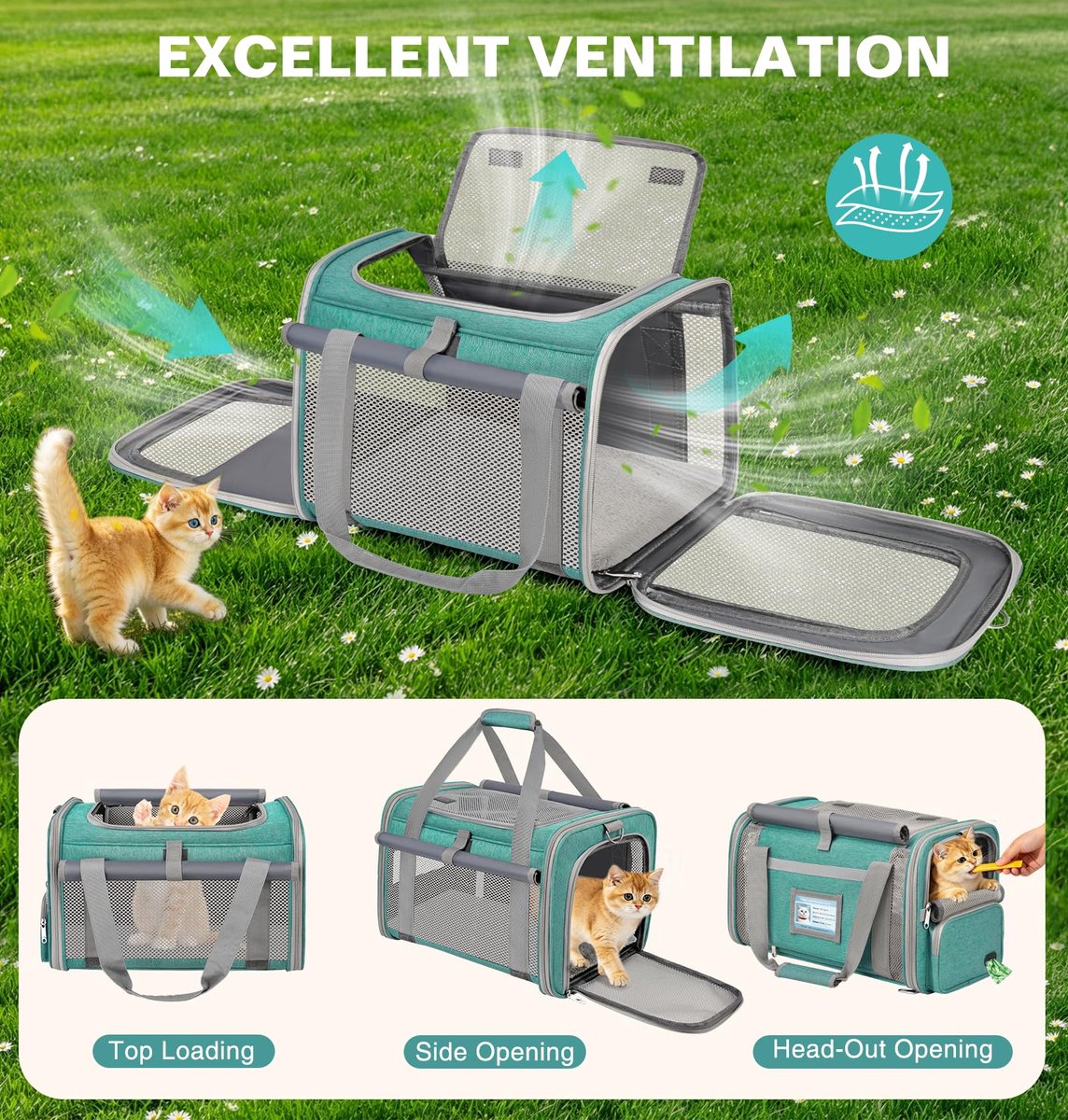 SnelShoppen - Kattentransportbox Vliegtuiggeschikt, Opvouwbaar, Zachte Transporttas voor Katten en Honden tot 10 kg, Met Ventilatie en Binnenlijn, Zee