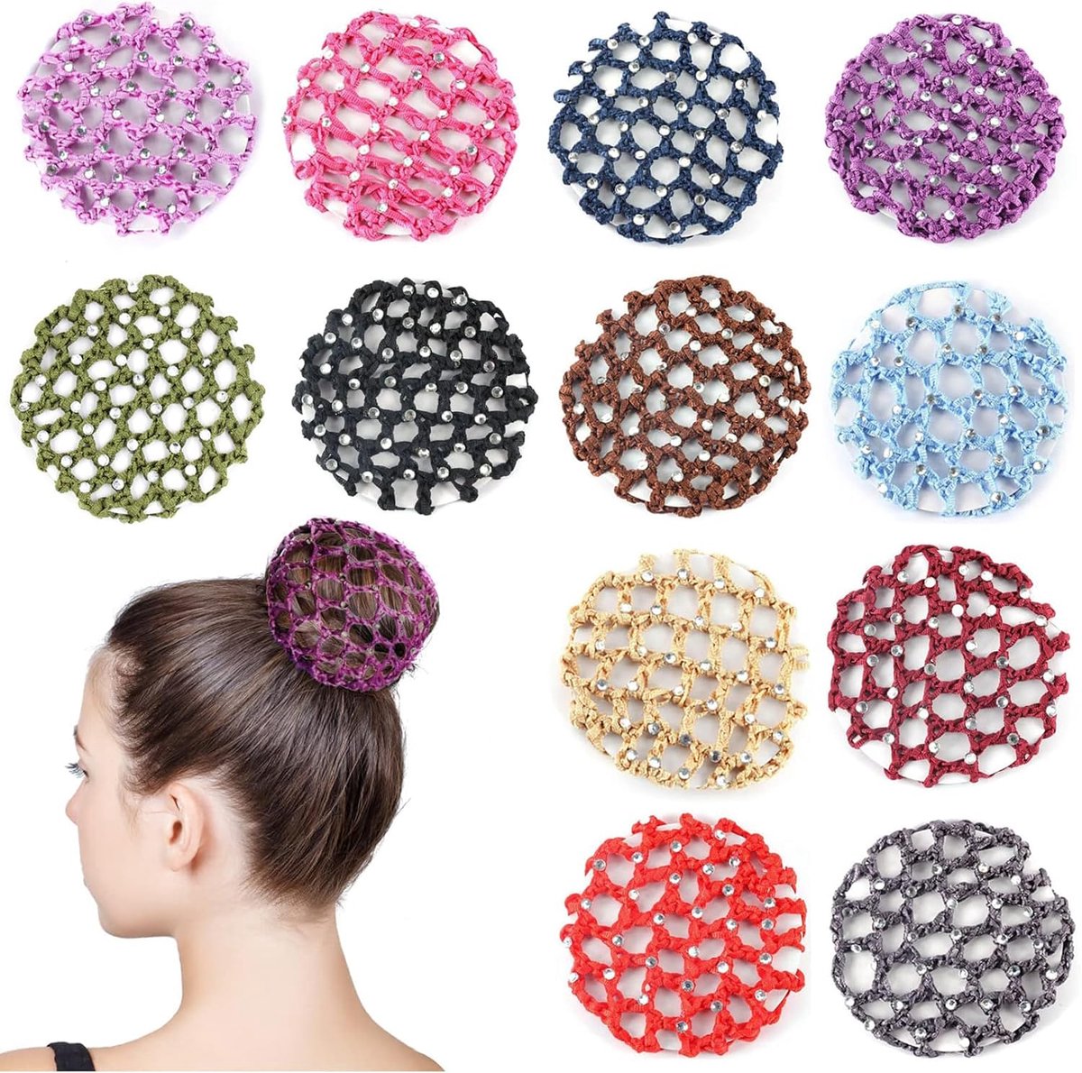 Chignon Set - 12 stuks Kristallijne Haarnetjes Chignon-dekking voor Gymnastiek, Ritmische Sportgymnastiek, Ballet & Kunstschaatsen
