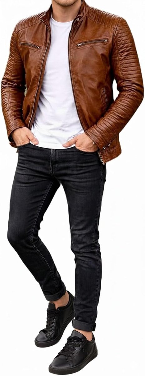Leren jas voor heren, lange mouwen, elegant bikerjack, herenjas met opstaande kraag, overgangsjas, echt leer, verkrijgbaar in 3 kleuren