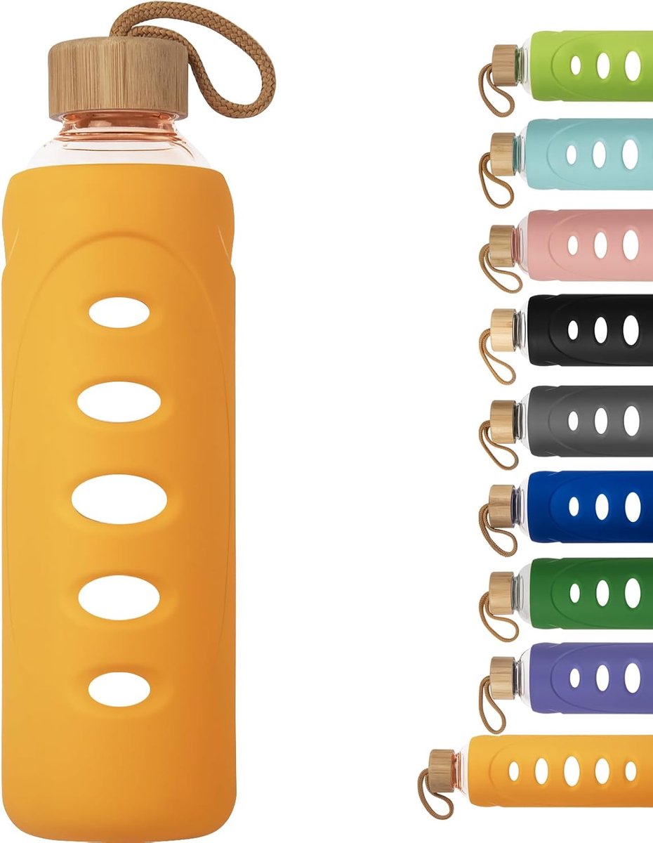 1 liter/1l/1000 ml sport borosilicaatglas waterfles met beschermende siliconen hoes en bamboe deksel (oranje)