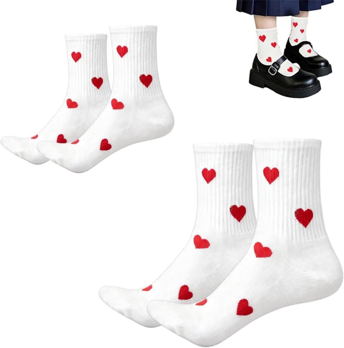 Sokken voor dames, hartvormige sokken, maat 35-40, witte retro tennissokken met harten, grappig cadeau voor vriendin, veelzijdig