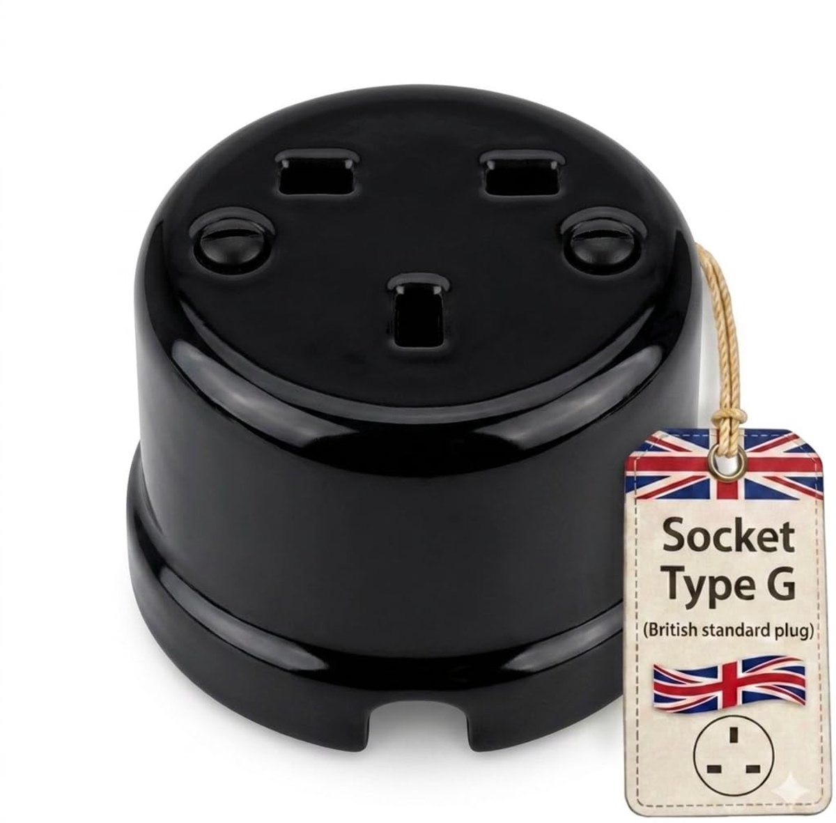 Opbouw porseleinen retro stopcontact, all-in-one, serie QR1 zwart, type G (UK/British Standard) - ShopVlot
