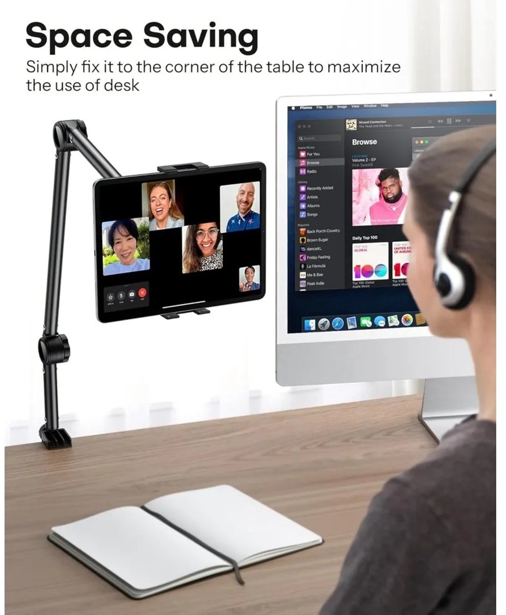 Heidat tablethouder - Telefoonhouder - Verstelbaar - 360° - Voor schermformaten 4–12,8 inch - Stevige metalen steunarm