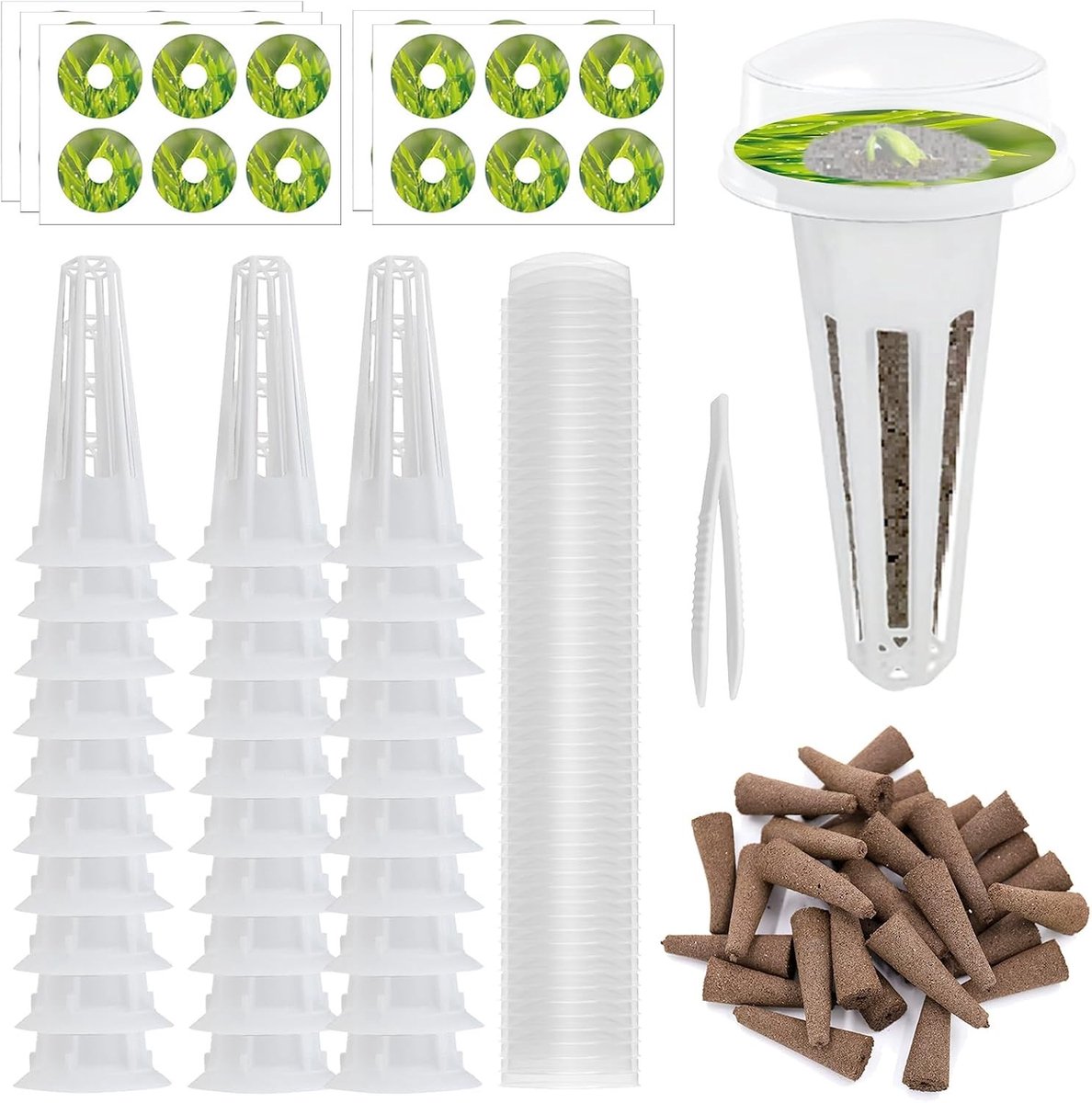 Complete Hydroponische Teeltsysteem Set met 50 Groeisponzen, Plantbakken, Labels en Covers voor Binnen en Balkon - Ideaal voor Thuis Tuinieren en Groente Teelt