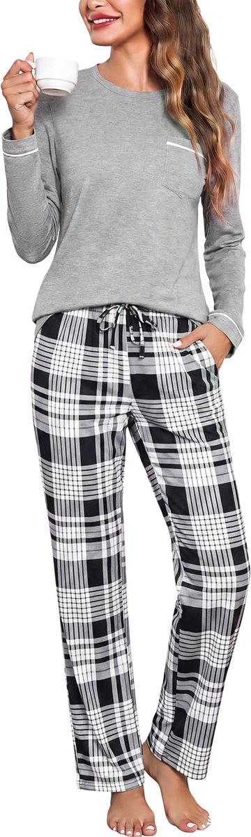 Winterpyjama voor dames, katoen, lang, geruit, pyjama, broek met zakken, pyjama voor dames, katoen, thermisch, lange mouwen, set
