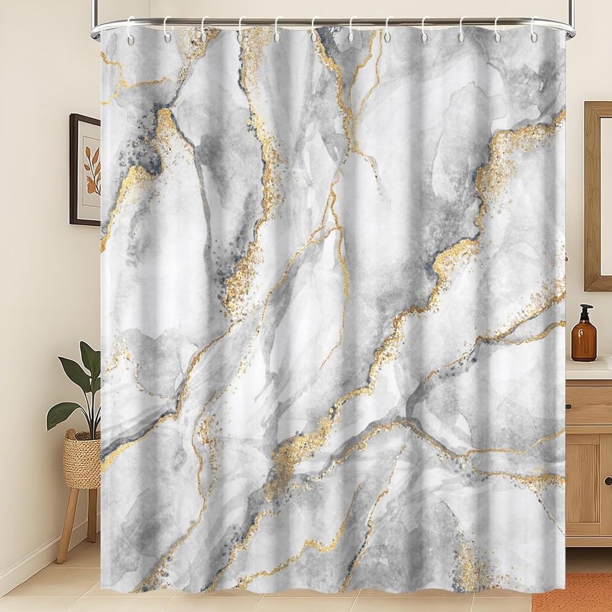 Douchegordijn 3D grijs goud badkamer gordijn luxe moderne abstracte grijze marmeren gouden stippen waterafstotende machine wasbare douchegordijnen voor badkamer decoratie 180 x 180