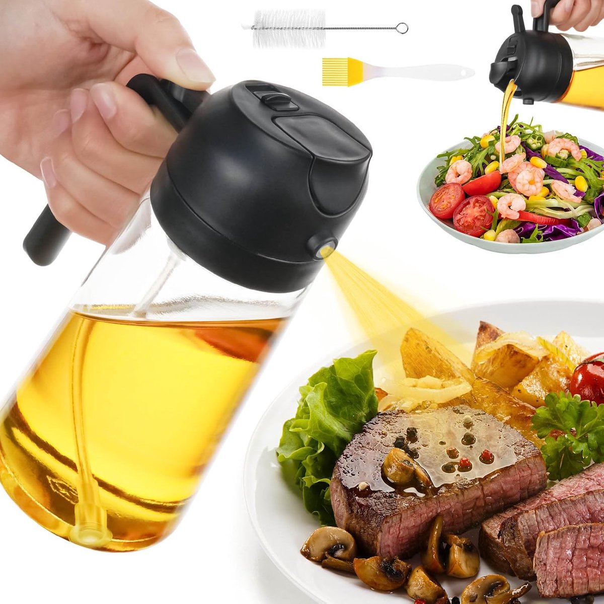 16oz/470ml olijfolie spuitfles, 2-in-1 olijfolie dispenser fles, donkere olie sproeier voor koken, heteluchtfriteuse, BBQ, keukengebruik (zwart)