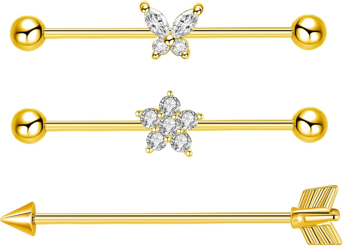 Piercing, 2-3 stuks, zilver, goud, industrieel, roestvrij staal, 14 G, 38 mm, oorpiercingsieraad