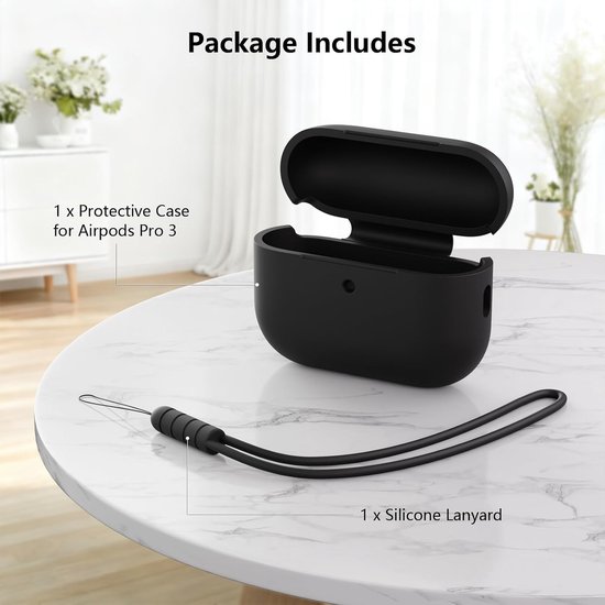 Compatibel met Airpods Pro 3e generatie, volledige bescherming, siliconen hoes voor AirPods Pro 3 met koord, led aan de voorkant, zwart — afbeelding 5