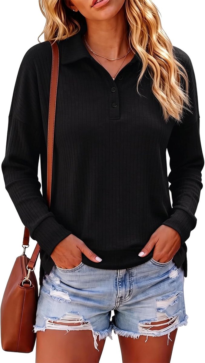Poloshirt voor dames met lange mouwen en knoopsluiting, geribbeld, casual bovenstuk