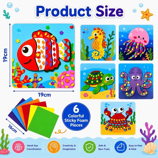 Mozaïekset voor kinderen jaar, 6 kaarten met oceaanthema, creatieve set, EVA-stickers, creatieve activiteit, doe-het-zelf, educatief en reisspel voor jongens en meisjes — afbeelding 2
