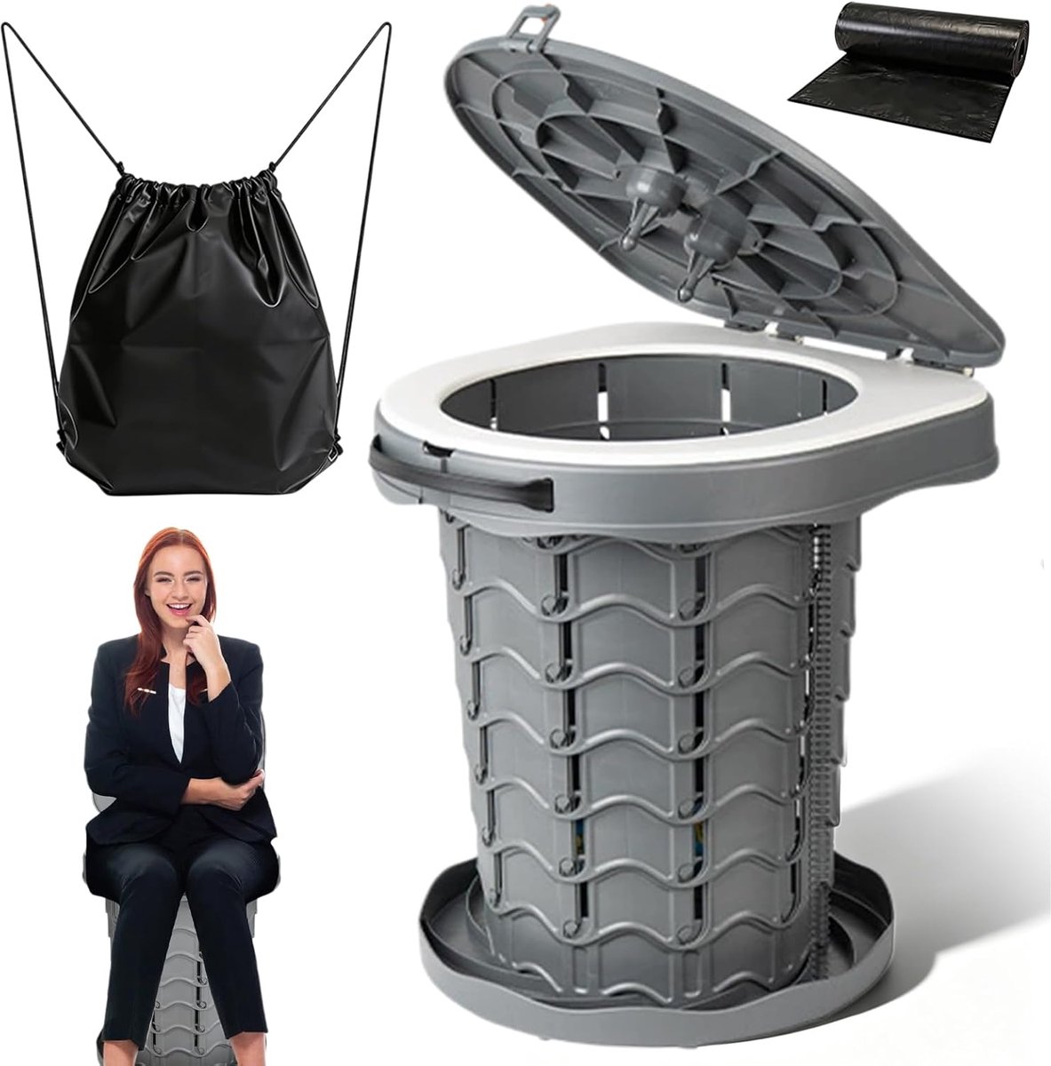 Opvouwbaar, mobiel toilet met deksel, reistoilet met toilettas, draagbaar campingtoilet met 10 vuilniszakken, opvouwbaar potje voor kamperen, wandelen, vissen, festivals (grijs)