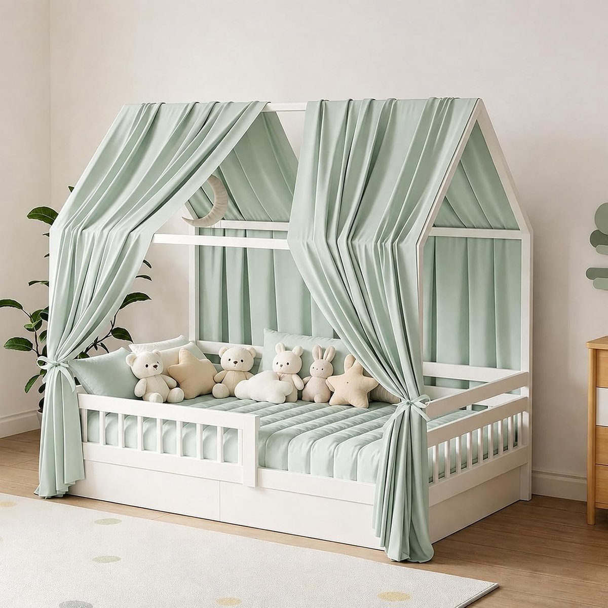 Hemeldecoratie huisbed meisjes (groen, 350X135, stoffen gordijn)