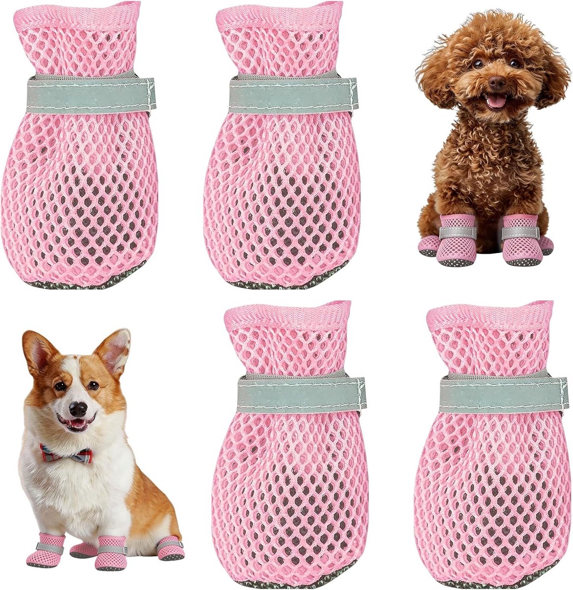 Schoenen, 4 stuks, ademende pootbescherming, hondenschoenen, antislip hondenschoenen, zomer, verstelbare hondenlaarzen, voor warme zomervloeren, kleine honden (roze, S)