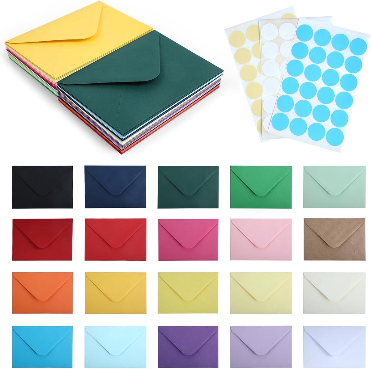 60 C6 enveloppen van kraftpapier, 20 kleuren, 72 stickers, cadeaukaarten, bruiloften, Kerstmis, (162 x 114 mm)